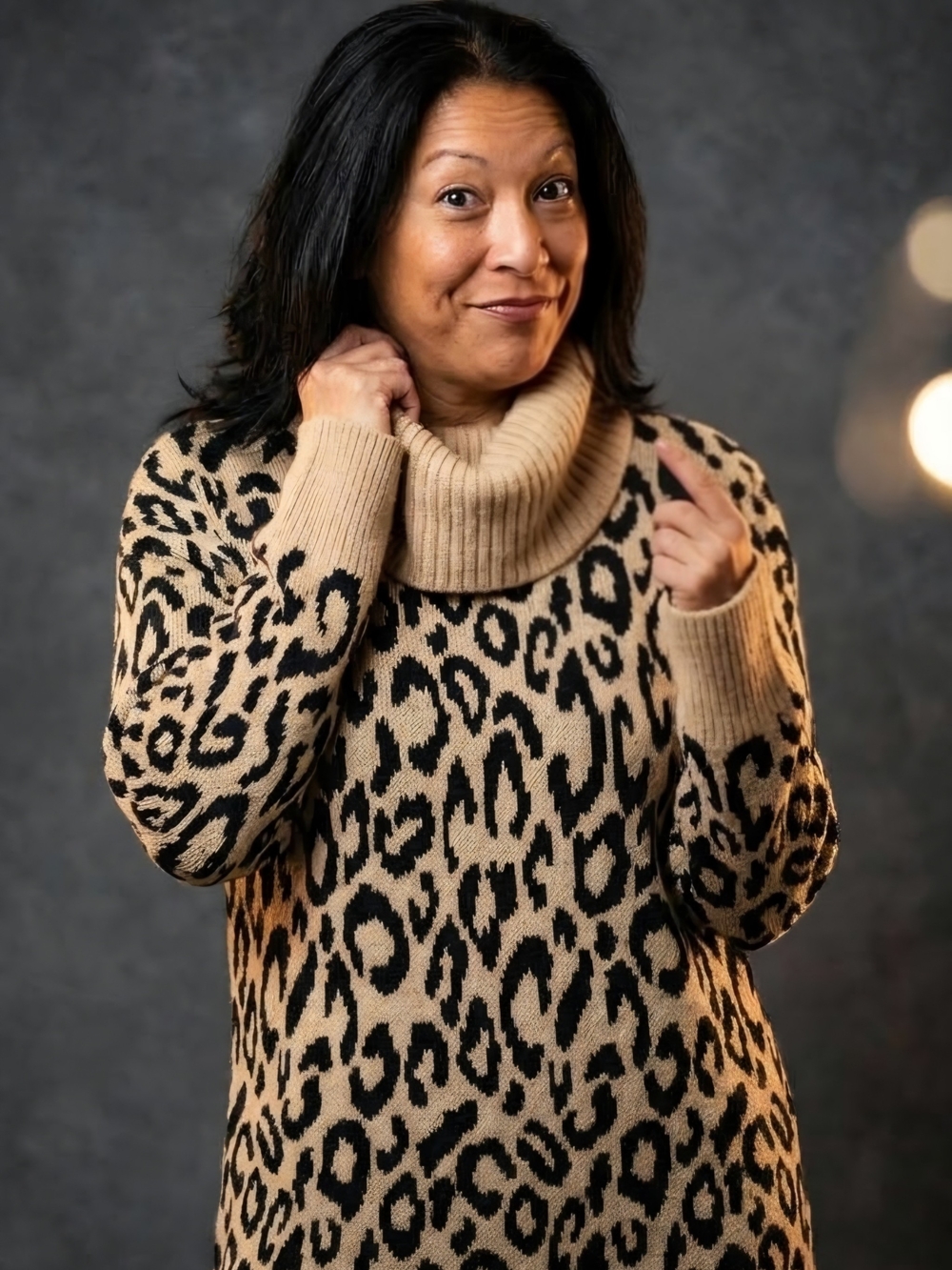 Rachel Zoe Beige and Black Leopard-Print Cowl Neck Sweater